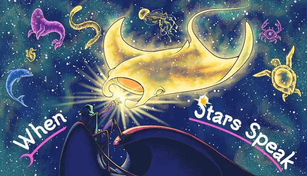 When Stars Speak key art: a glowing manta-ray constellation above a figure at a telescope