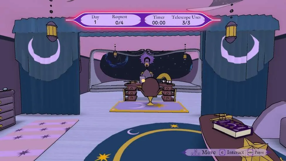 The ship's main room, with the HUD at the top and the control reminder at the bottom