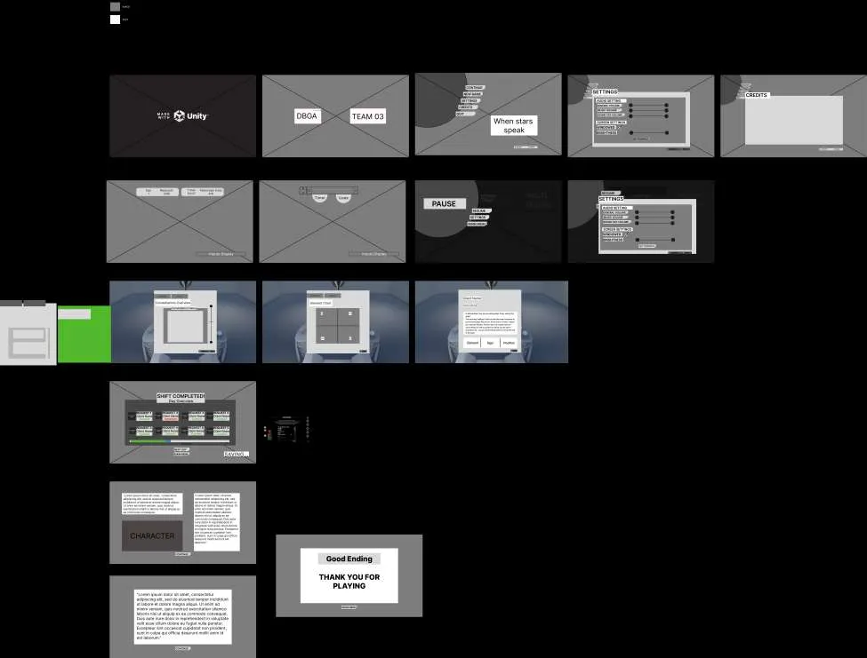 Overview of the game's wireframes, laid out screen by screen